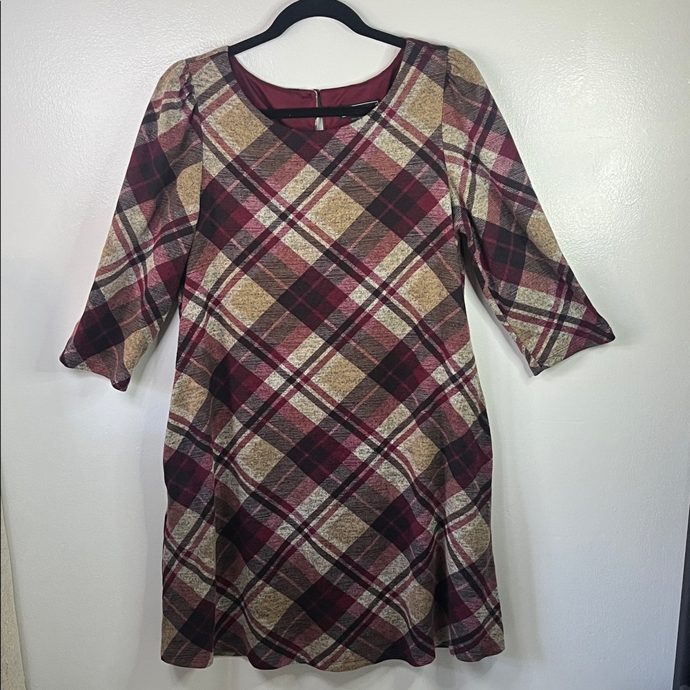 Jessica Howard 3/4 Sleeve Plaid Dress - Wine, Tan, Black